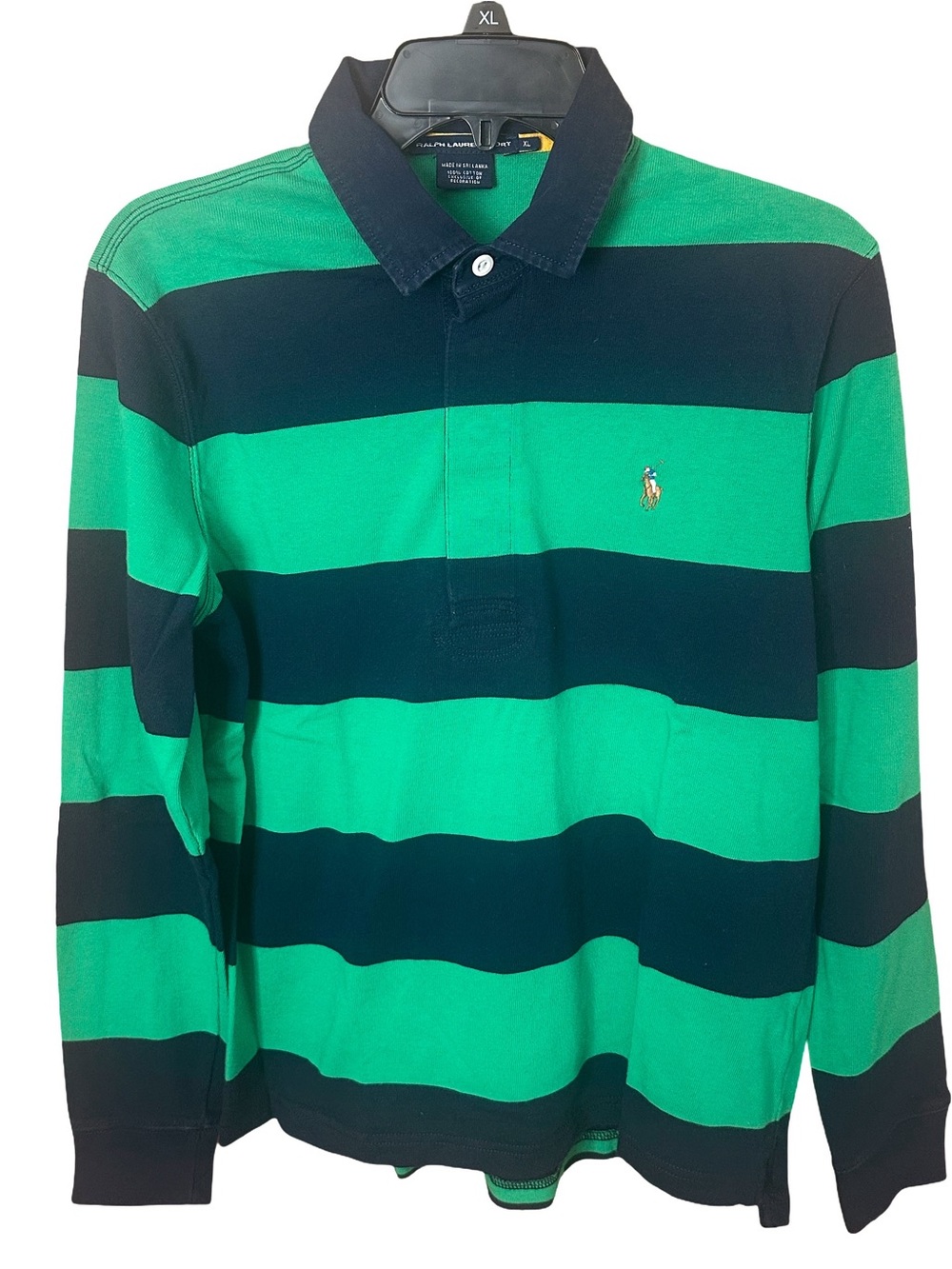 Ralph Lauren Sport Boys XL Rugby Shirt Green Navy Stripe Long Sleeve Cotton Polo